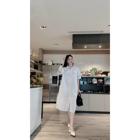 Đầm sơ mi dáng suông hoạ tiết kẻ dọc nhỏ, Váy sơ mi dáng rộng