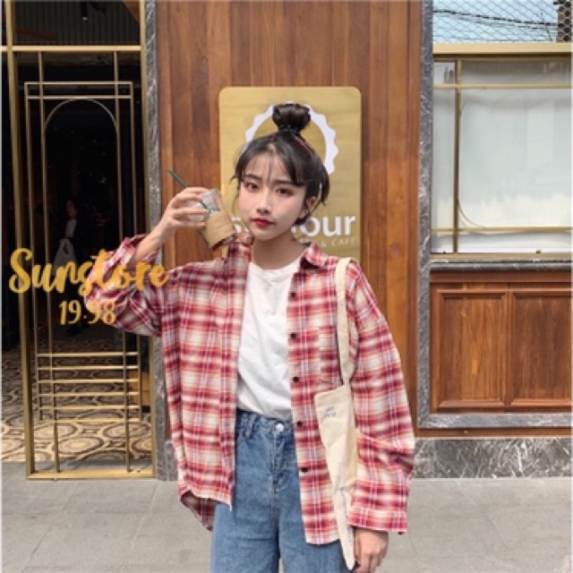 ÁO SƠ MI DÁNG RỘNG TAY DÀI IN HỌA TIẾT SỌC CARO THỜI TRANG HÀN QUỐC HOT HIT