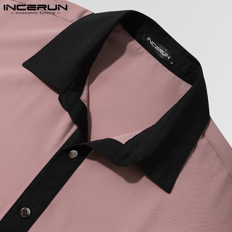 Áo sơ mi INCERUN dài tay màu sắc tương phản phối nút cá tính cho nam