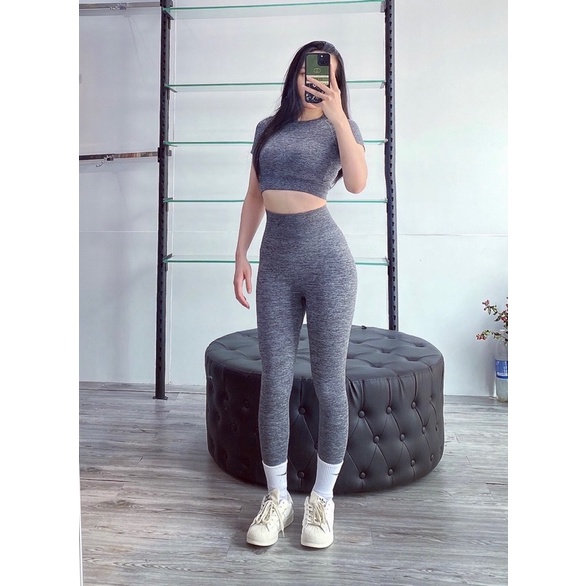 Set quần áo tập gym nữ BT áo croptop + quần legging thâm hút mồ hôi