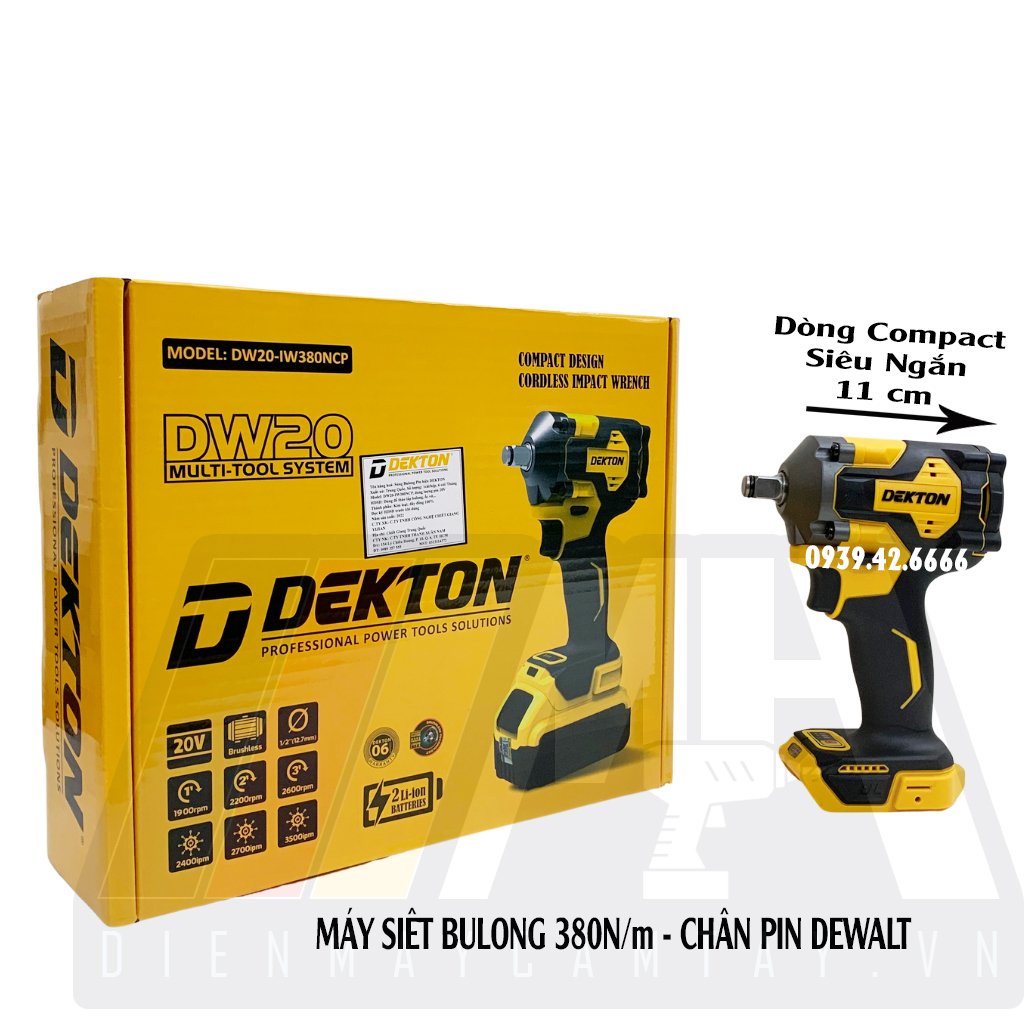 Máy Siết Bulong Dùng Pin Dekton D20-IW380NCP - Chân Pin Dewalt - Motor Brushless -Dòng Compact Wrench - Tặng Sạc