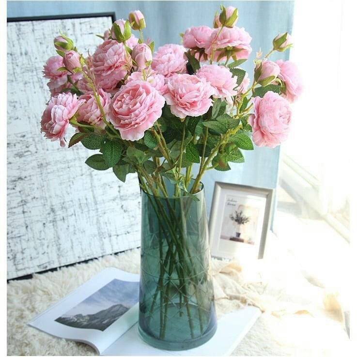 [Đà Lạt mộng mơ] Cành hoa hồng mẫu đơn lụa - hoa hồng giả nhiều màu sắc (3 bông hoa/cành lớn)