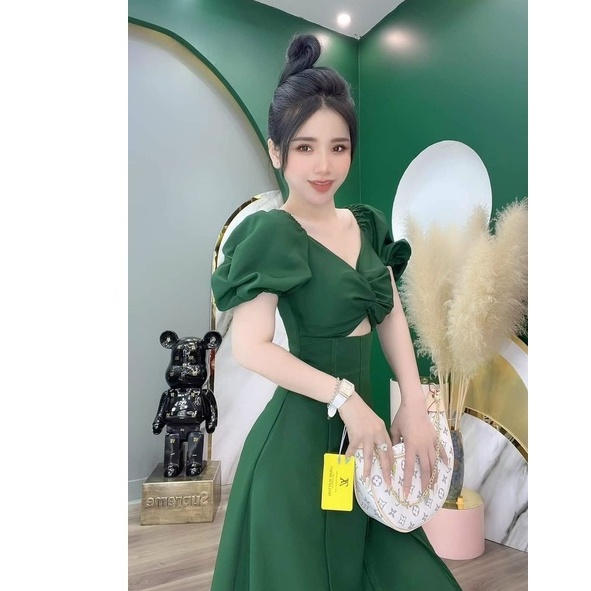 Váy đầm nữ dự tiệc tay ngắn xoắn ngực khoét eo thời trang nữ dạ hội dự tiệc