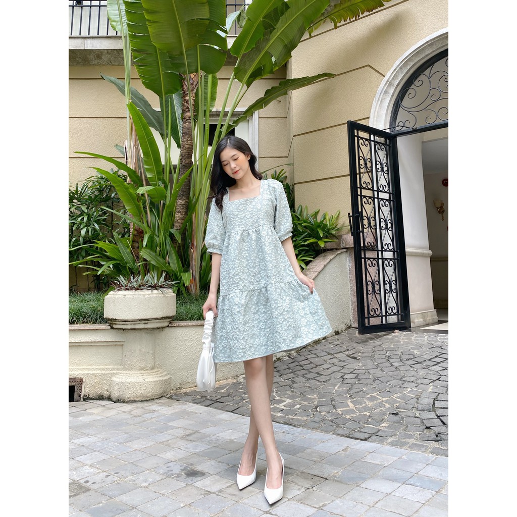 YU CHERRY | Đầm nữ babydoll tay phồng cổ vuông chiết tầng dễ thương Baby Princess Dress YD145