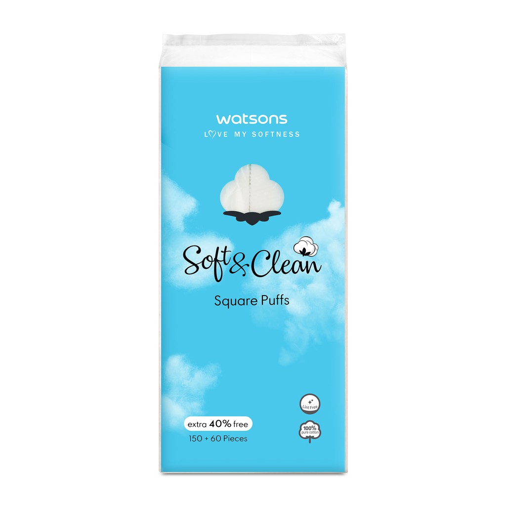 Bông Tẩy Trang Watsons Love My Softness Soft &amp; Clean Square Puffs Free 40% Dạng Túi Mềm 150+60 Miếng