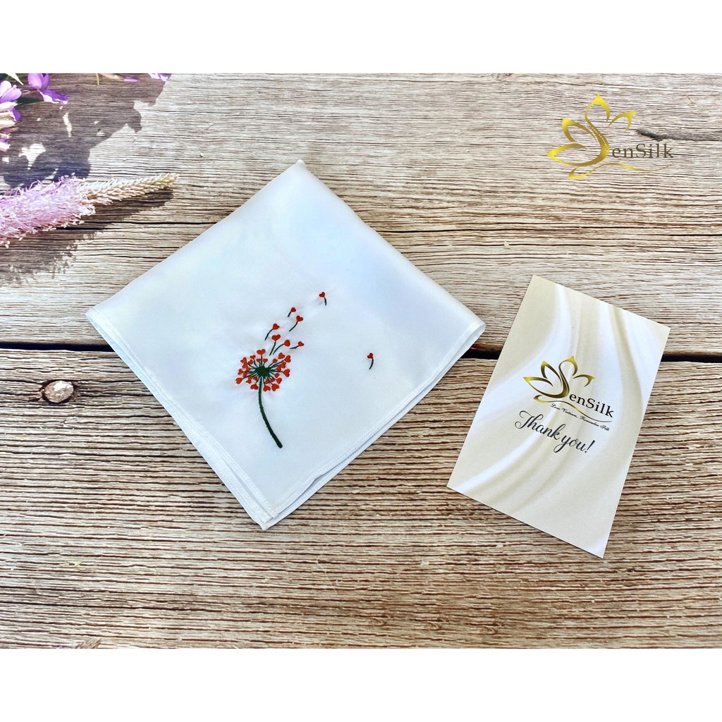 Khăn tay lụa thêu Bồ Công Anh Tim SenSilk 35x35cm, Quà kỷ yếu độc đáo