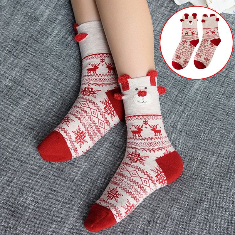 Vớ Cotton Cổ Cao In Họa Tiết Tuần Lộc 3D Nhiều Màu Giữ Ấm Co Giãn Thời Trang Cho Nữ