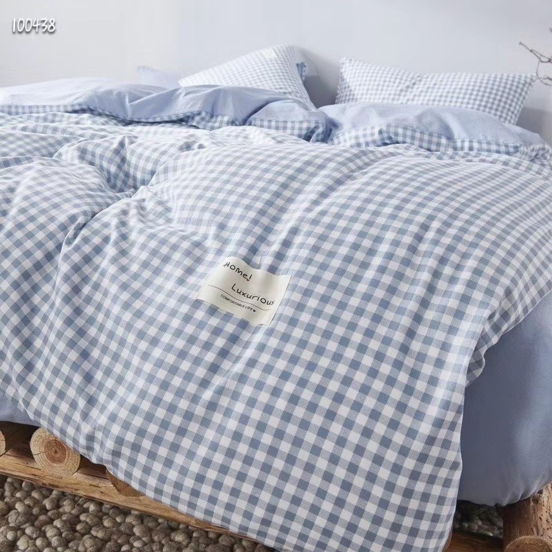 Bộ Chăn Ga Gối Cotton TC Emmidecor Kẻ caro xanh dương miễn phí bo chun và làm ga phủ theo yêu cầu