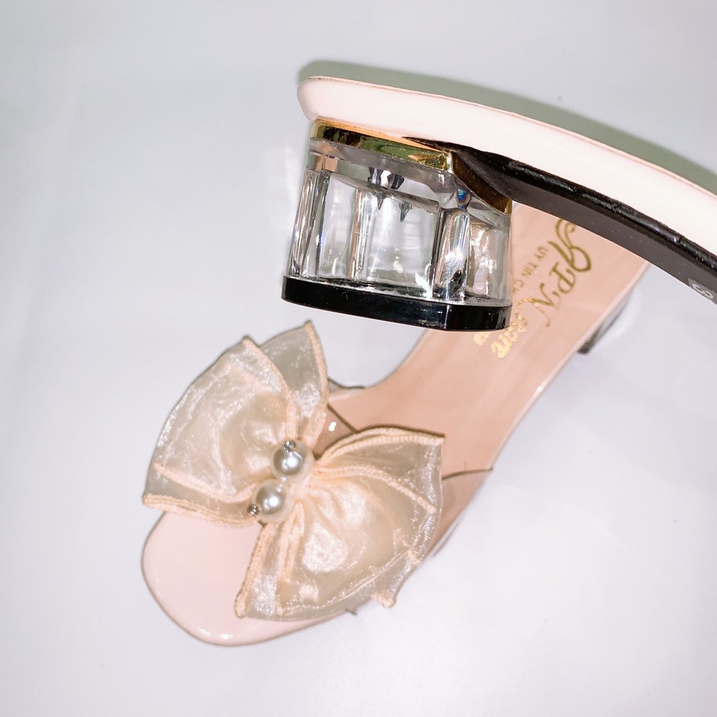 Guốc cao gót vuông trong 4cm quai trong đính nơ lụa 2 hạt châu