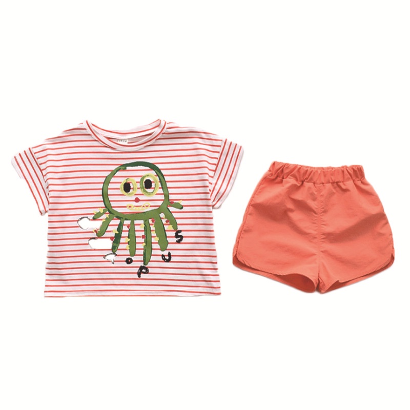 [P.C store] spot girl T-shirt shorts red suit green suit summer 1 children's short sleeves 2 sets girl's 3 Shorts 2 pieces baby 4 clothes set Korean fashion