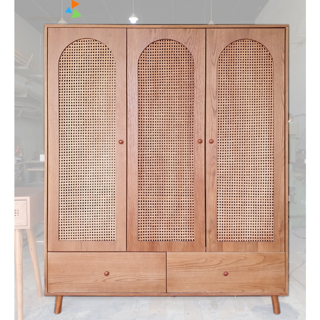 Combo Tủ Áo, Bàn Trang Điểm, Tab Đầu Giường Mây Mắt Cáo- Nội Thất Gọn Gàng