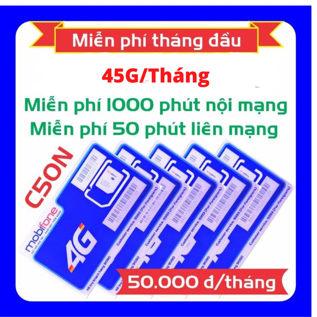 sim 4G mobifone C50N gói 45GB/tháng +Miễn phí cuộc gọi chỉ 50k/tháng.