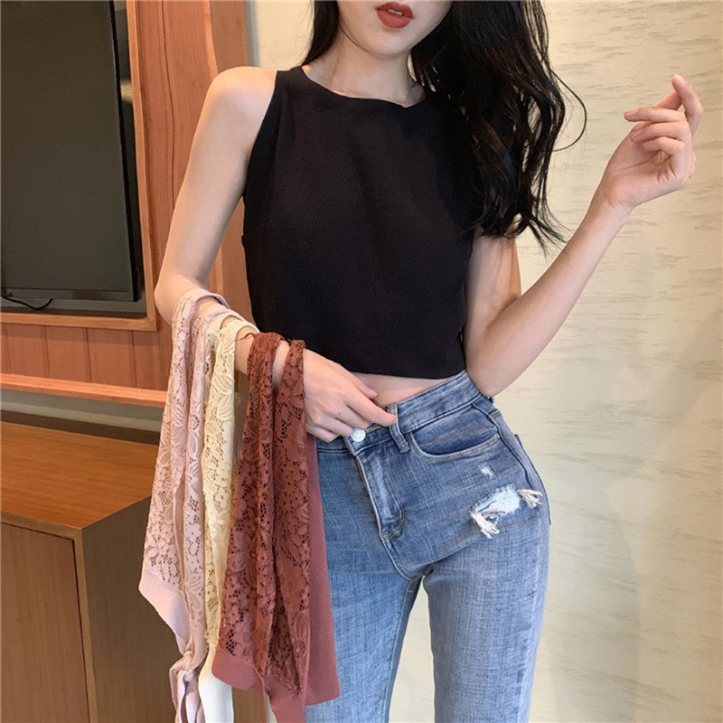 Áo sát nách phối ren hoa thiết kế hở lưng quyến rũ cho phái nữ