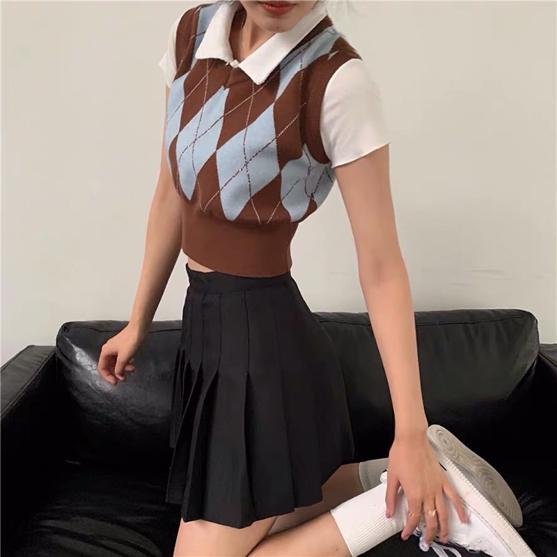 Áo vest gile len dệt kim croptop hình thoi idol Rosé Hồng/Đen/Nâu | BigBuy360 - bigbuy360.vn