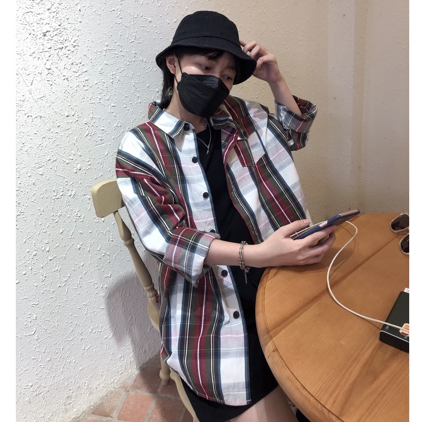 ÁO SOMI FLANNEL CARO ĐỎ PHỐI XANH TRẮNG RETRO COMOBAS