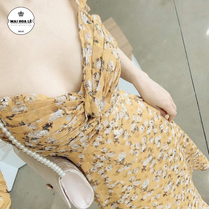 Váy đầm hoa cao cấp👗𝐇𝐎𝐓 𝐍𝐇𝐀̂́𝐓👗 Vải tơ mềm mát rượi, Thiết kế Xếp Ly ngực hoa vàng cách điệu 𝐒𝐢𝐞̂𝐮 𝐱𝐢𝐧𝐡 Full Size S M L