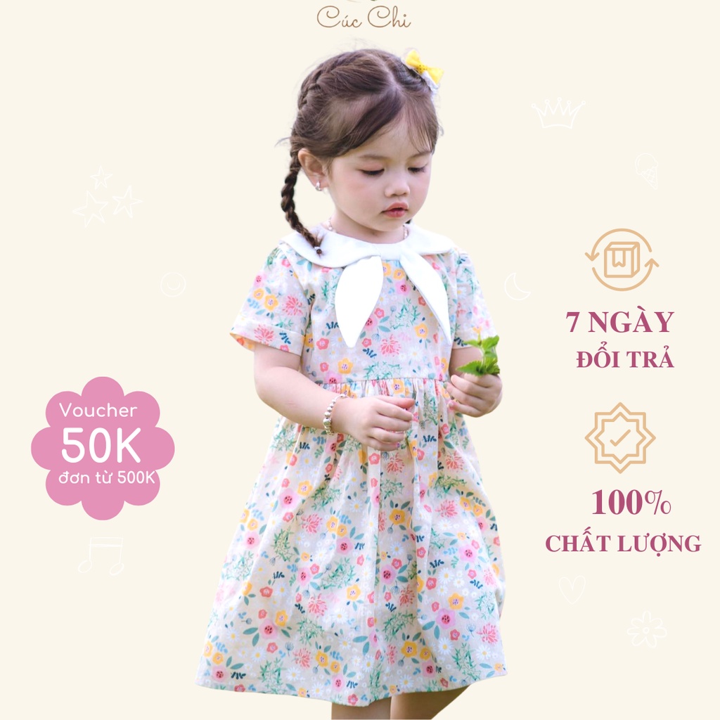 Váy hoa kem phối cổ nơ trắng chất mát dễ thương cho bé gái