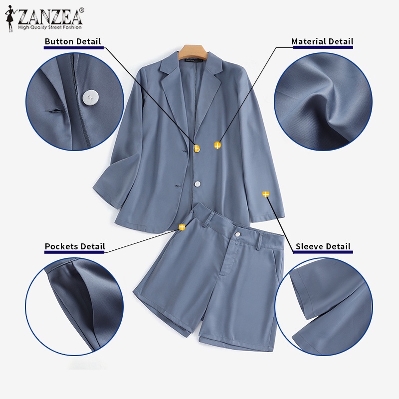 Set đồ ZANZEA gồm áo khoác blazer dài tay cổ bẻ + quần short lưng cao ống rộng thời trang nữ