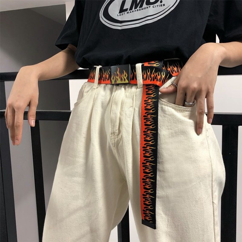 Thắt lưng 227004 khóa trượt vải canvas in họa tiết ngọn lửa phong cách Hàn Quốc dễ phối đồ cho nam nữ