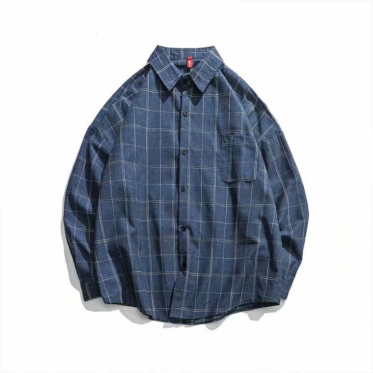 Korean Men's Plaid Shirt Ins Japanese Retro Casual Shirt Loose Beach Shirt Plaid Shirt Men's Preppy Style Student Shirt