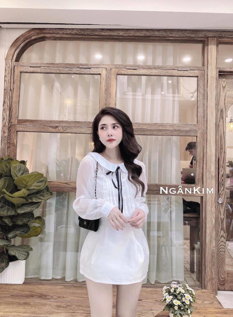 áo sơ mi ren tiểu thư cổ nơ bo tay điệu đà xinh xắn