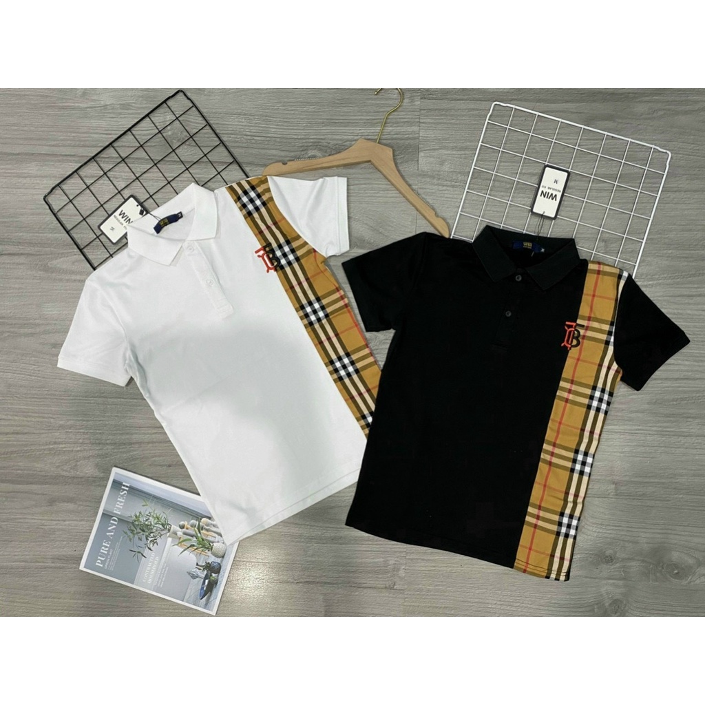 Áo thun nam ngắn tay cổ bẻ thêu chữ mix vải caro độc lạ thun cotton co giãn Hàn Quốc