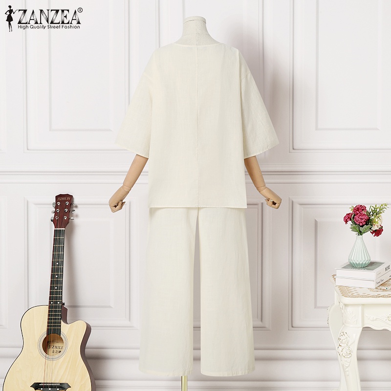Set đồ Zanzea gồm áo thun tay lửng dáng rộng + quần dài lưng thun thời trang Hàn cho nữ