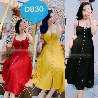 Đầm Xòe Maxi 2 Dây Phối Nút Dọc Khuy (Vàng)