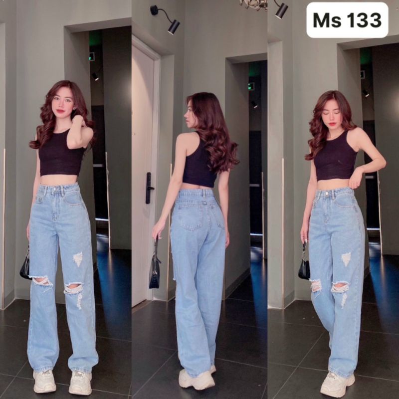 (xã kho)Quần jean baggy nữ rách gối lưng cao hàng VNXK chất jean mịn cao cấp mẫu teen hè nới