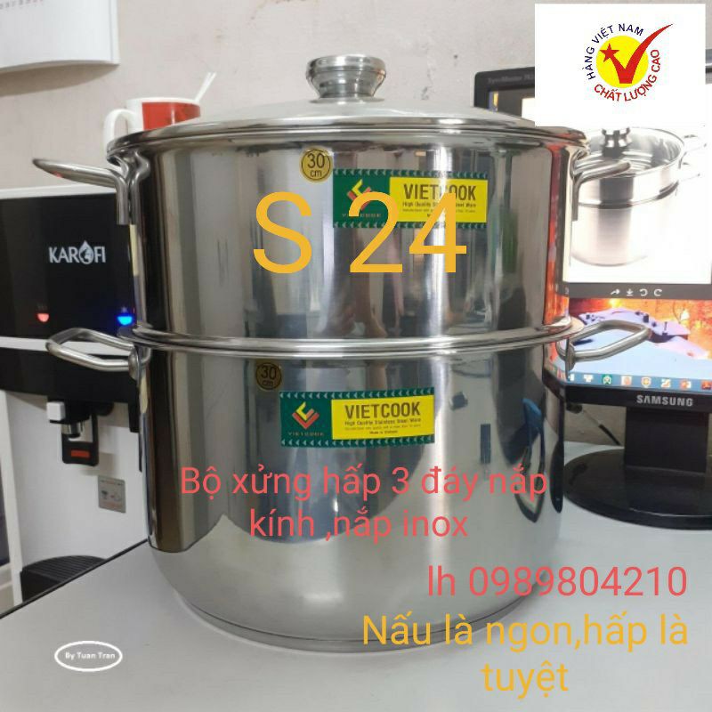 Bộ nồi xửng hấp inox ,xửng hấp inox 2 tầng 3 đáy nắp kính,nắp inox  VietCook đun bếp từ  size 24 chõ hấp xôi