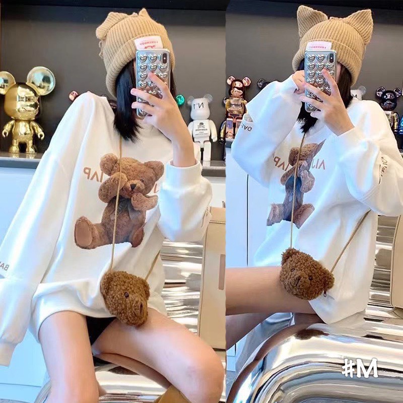 Áo nỉ nữ hình gấu dày dặn ấm áp form rộng dài tay freesize Bling Store (kèm túi gấu) | BigBuy360 - bigbuy360.vn