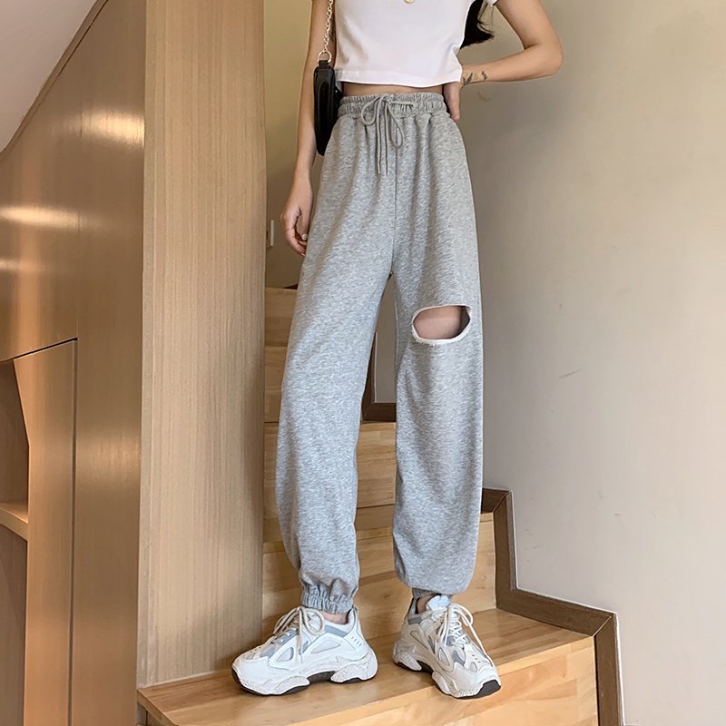 NRVP Quần jogger nữ lưng cao ống rộng phối rách thời trang