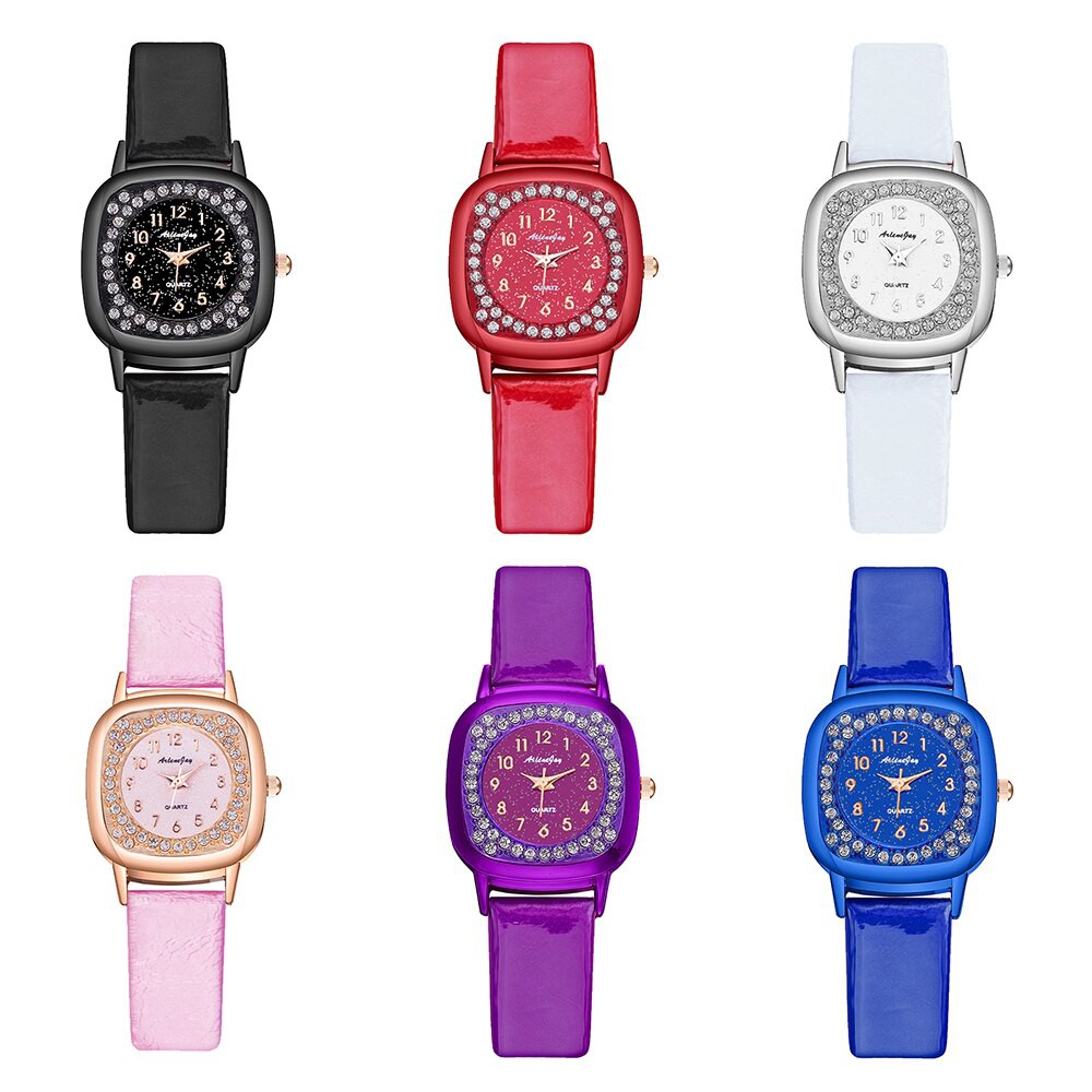 Đồng hồ đeo tay dây đeo bằng da và mặt đính đá thời trang sang trọng cho nữ