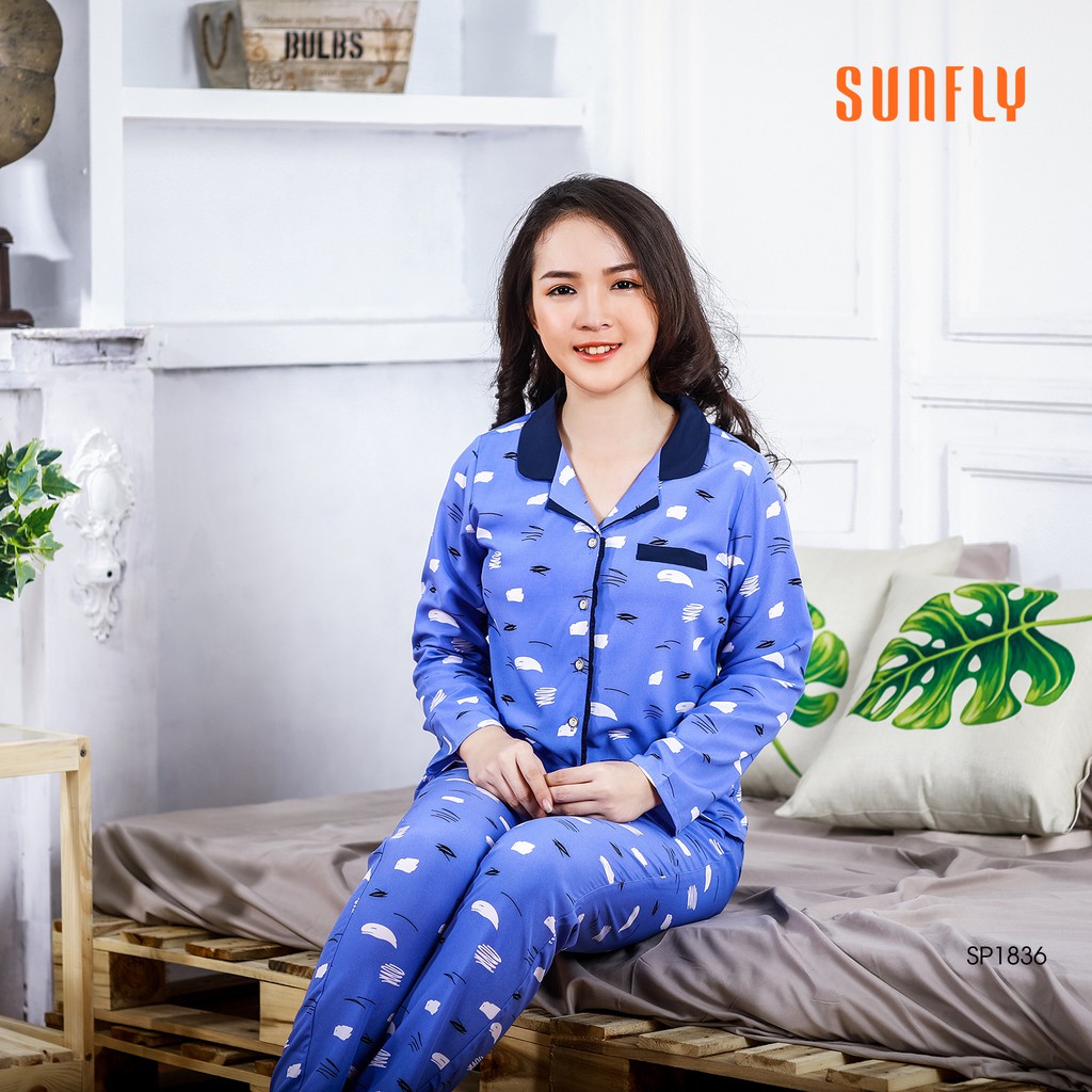 Bộ pajama lụa áo dài tay, quần dài SUNFLY SP1836