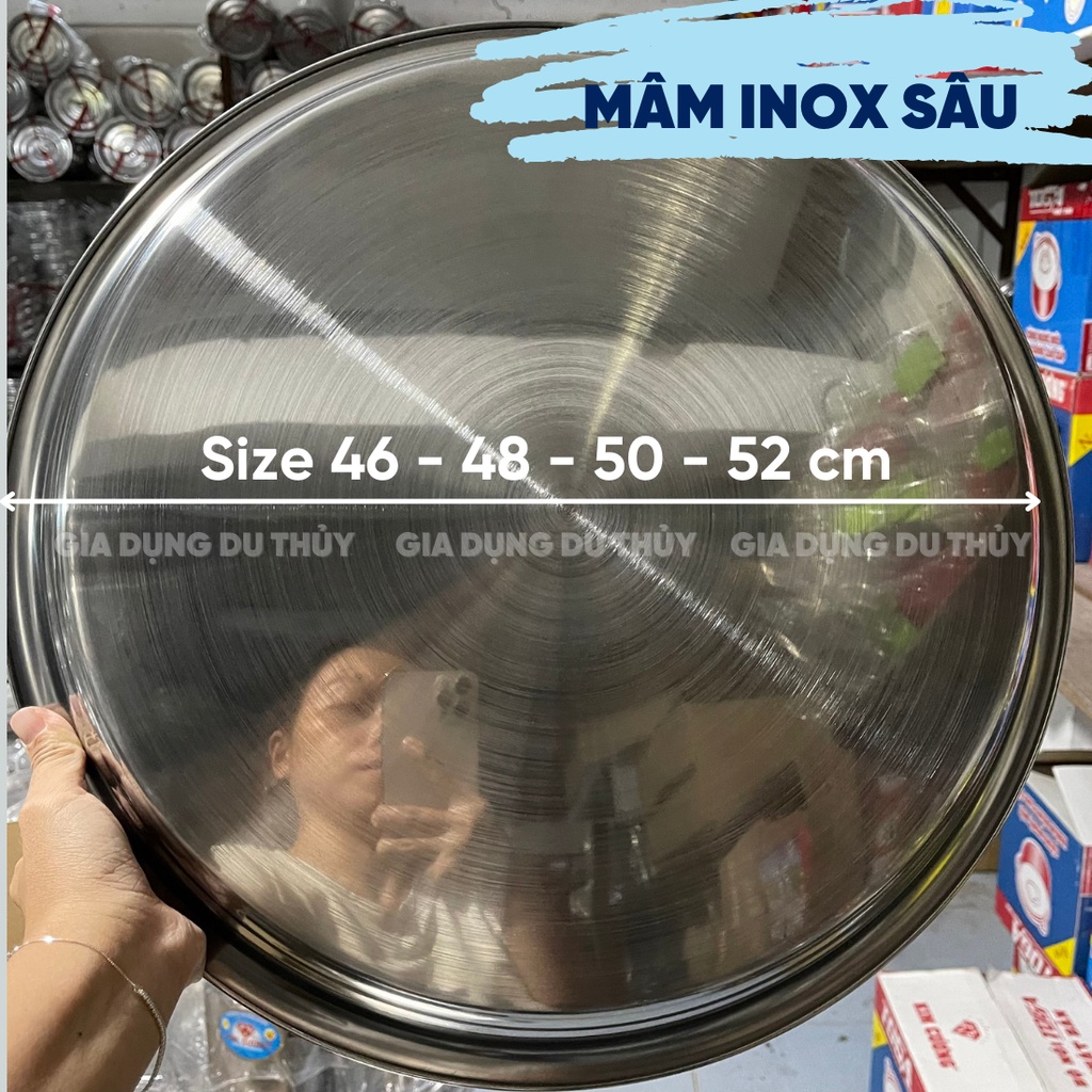 Mâm inox tròn size 44 - 52 cm, dùng làm mâm phục vụ, mâm đựng cơm canh chất liệu inox sáng bóng của gia dụng du thủy