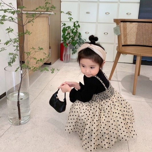 Đầm cotton tay dài phối họa tiết chấm bi xinh xắn cho bé gái