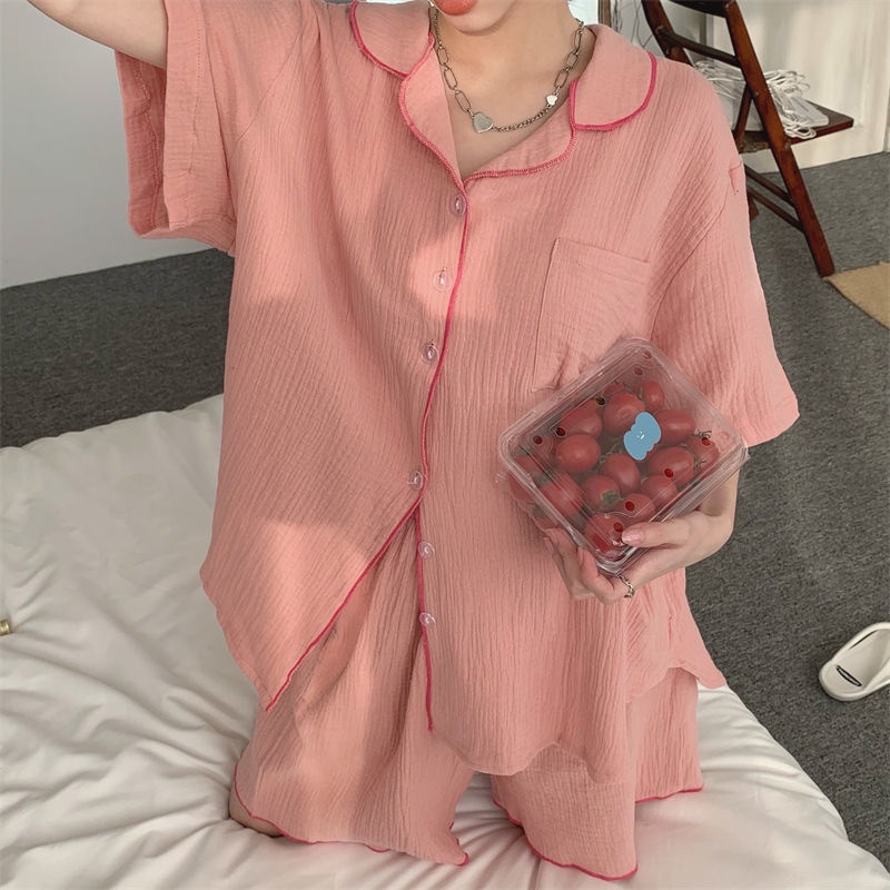 Set đồ ngủ gồm áo tay ngắn và quần short lưng thun màu sắc đơn giản thời trang mùa hè cho nữ