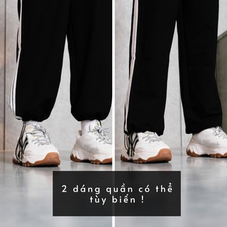 Quần Jogger Nữ Nam 3 Sọc Form Ống Rộng Thể Thao Có Thể Để Xuông Hoặc Rút Dây Bo Gấu Màu Trắng, Đen, Xám