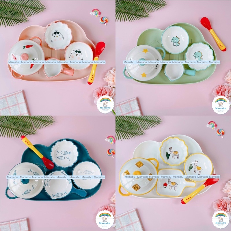 (Tặng Thìa Báo Nóng) Bộ Bát Đĩa Gốm Sứ Ăn Dặm Cho Bé Cao Cấp Nhiều Màu Sắc Ngộ Nghĩnh Kích Thích Bé Ăn Ngon Miệng Mamabu