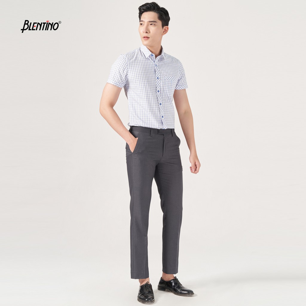 Blentino áo sơ mi kẻ sọc xanh ngắn tay cotton BCV011(2)