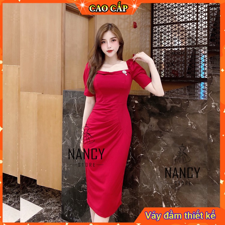 Đầm đỏ body cổ vuông, tay ngắn, hoa ngực, ngọc đính eo cao cấp sang chảnh dự tiệc công sở Nancy A46