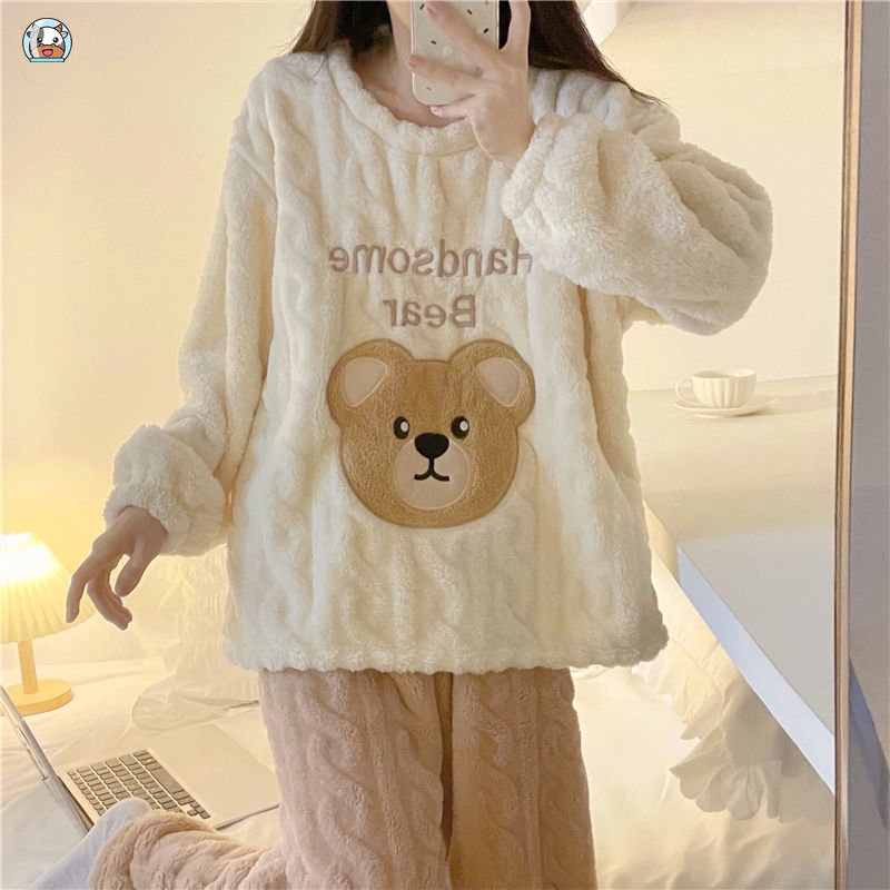 Bộ Đồ Ngủ Tay Dài Chất Nỉ Dày Dặn In Họa Tiết Hoạt Hình Chú Gấu Dễ Thương Thời Trang Thu Đông Cho Nữ