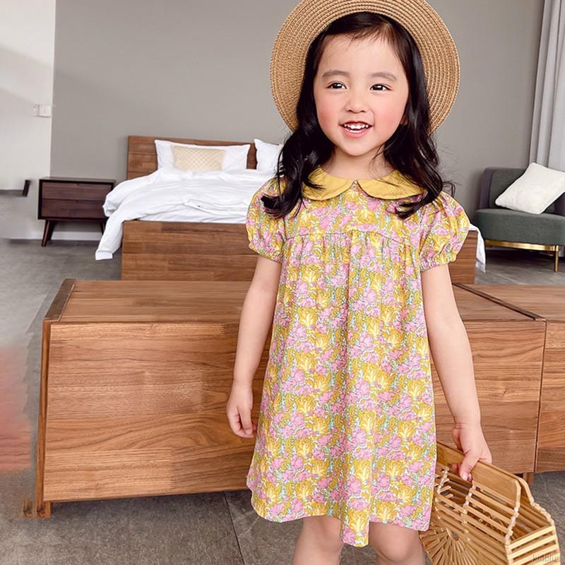 Đầm tay phồng cổ búp bê dáng rộng in họa tiết dễ thương thời trang mùa hè phong cách hàn quốc dành cho bé gái