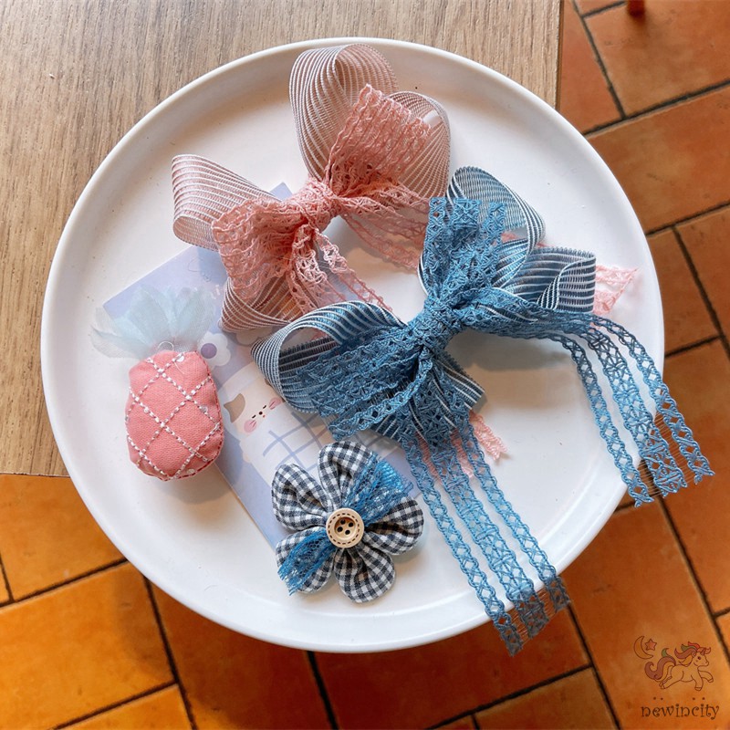 Bộ 2 kẹp tóc đính nơ ren và trang trí nhân vật hoạt hình xinh xắn đáng yêu cho bé gái