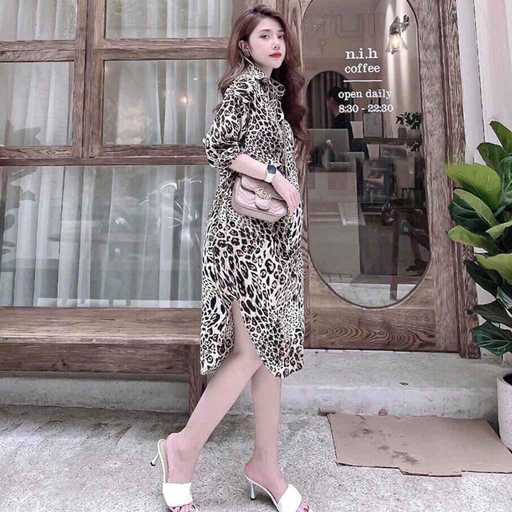 Đầm suông sơ mi da beo lượt đuôi tôm
