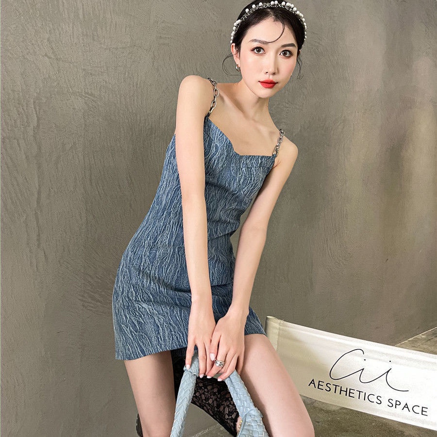 Đầm Hai Dây Dáng Chữ a Chất Denim Phong Cách Pháp Thời Trang Mùa Hè Ngọt Ngào Cho Nữ