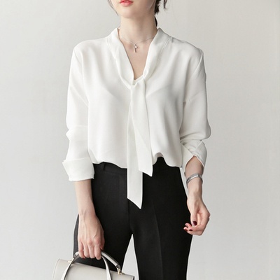Áo sơ mi chiffon tay dài dáng rộng phối ruy băng thời trang công sở thanh lịch thời trang 2021 cho nữ