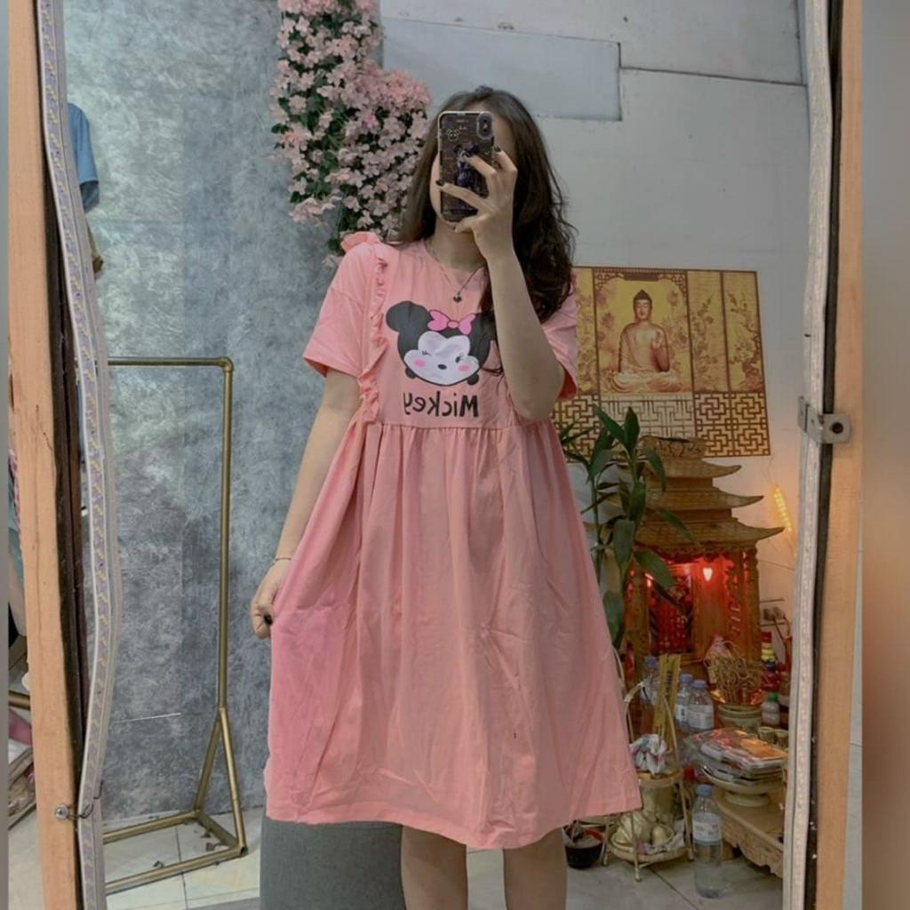 Đầm Bầu Váy Bầu Mùa Hè Dáng Babydoll Chất Cotton In Hình Mickey Dễ Thương Xinh Xắn Vái Mát HD2945 Honey Mommy