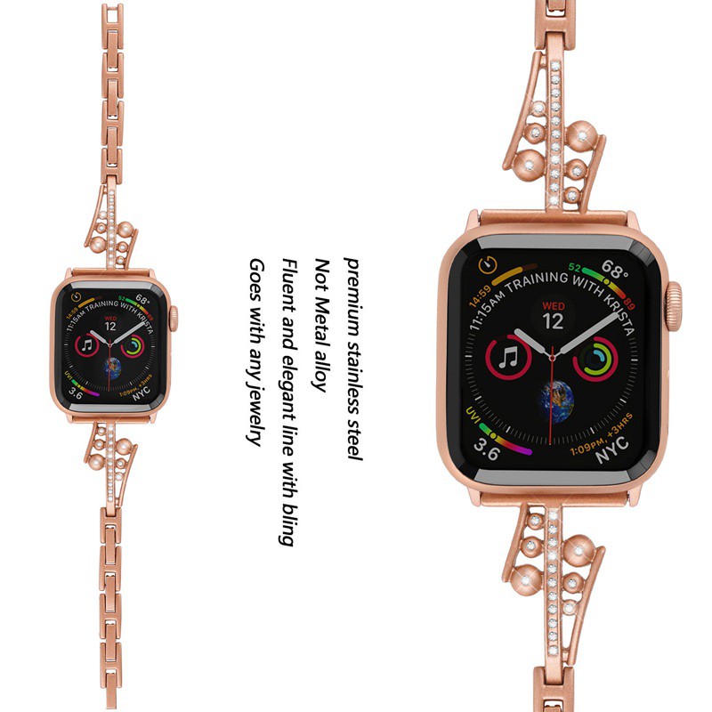 Dây Đeo Đồng Hồ Bằng Thép Họa Tiết Hoa Hồng Đính Kim Cương Cho Apple Watch 38mm 40mm 44mm 42mm Series 5 4 3 2 1acessories