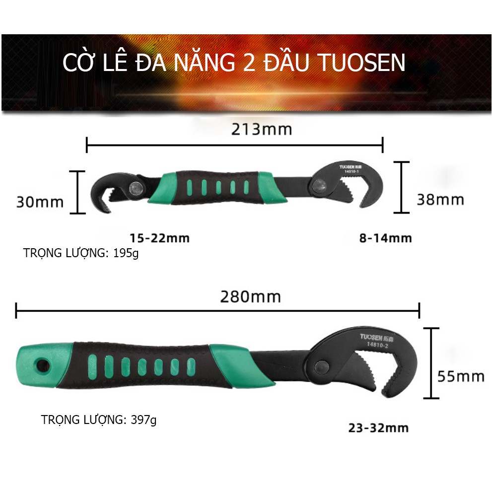 Bộ 2 cờ lê đa năng vô cùng tiện dụng, bộ 2 cờ lê, 3 đầu vặn ốc từ 9-32, bộ cờ lê mỏ lết TUOSEN (combo lớn + nhỏ)